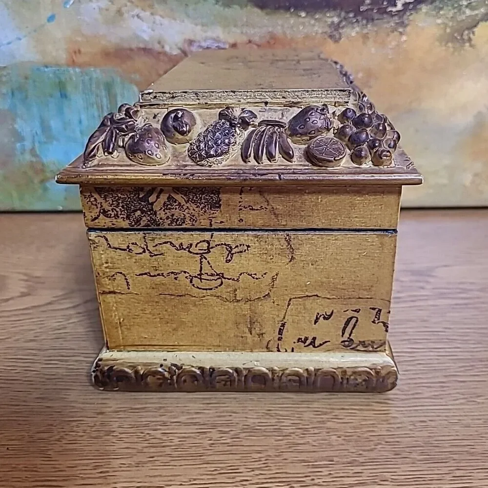 Wooden Jewelry Trinket Box Fruit Design Unmarked Velvet Lined 7x4.5